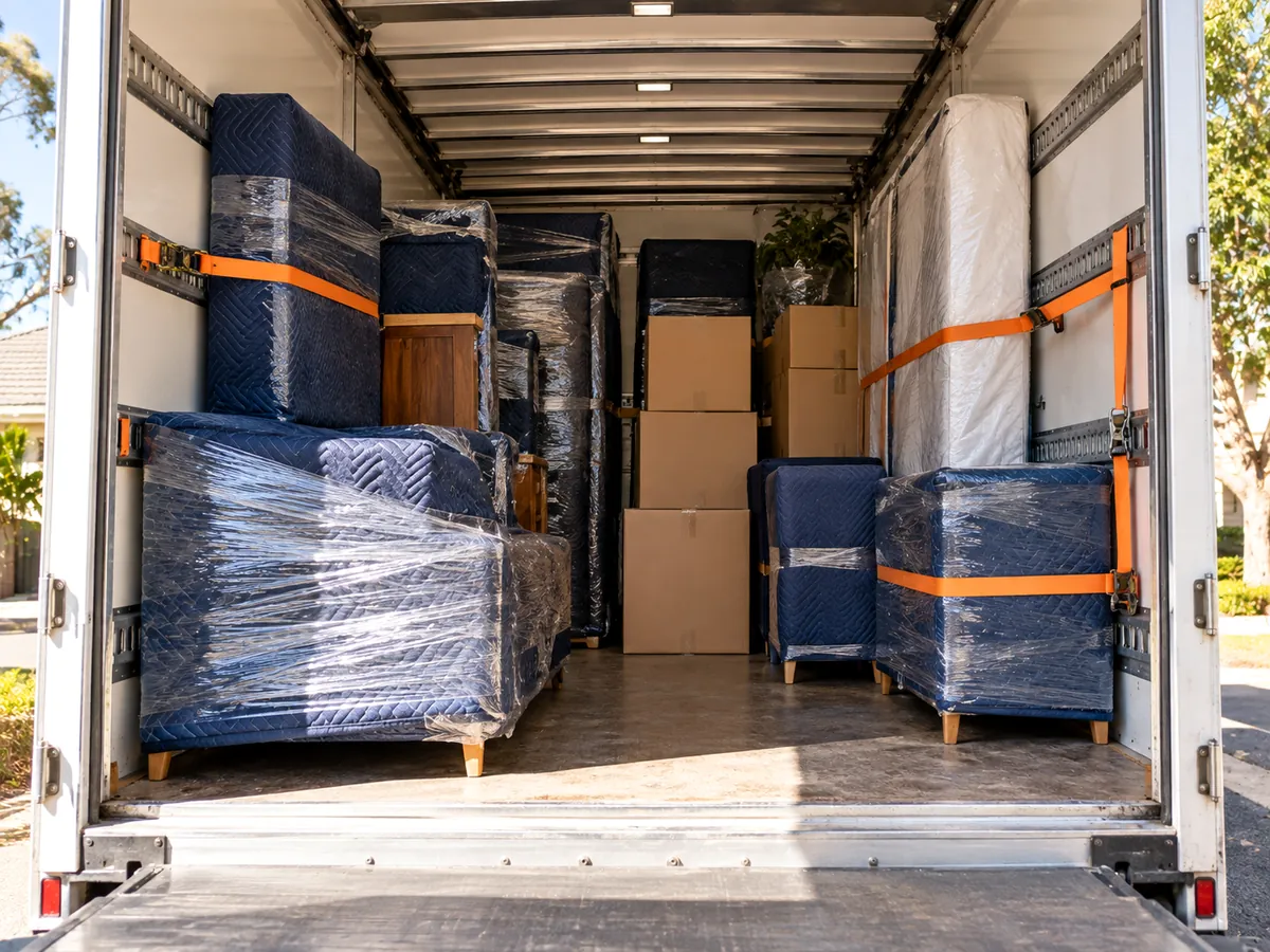 Wrapped furniture strapped inside a removal truck for a backloading trip