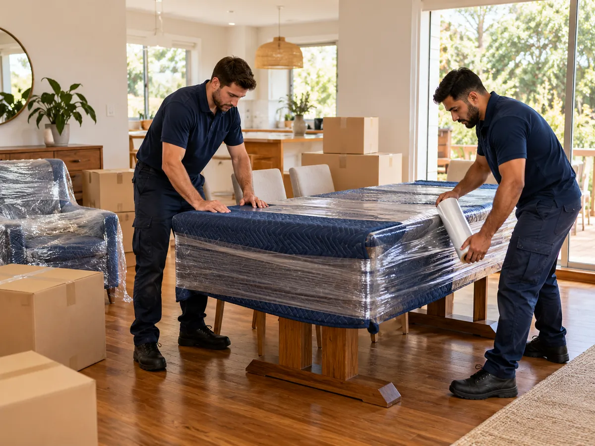Two removalists wrapping a dining table in moving blankets and stretch wrap