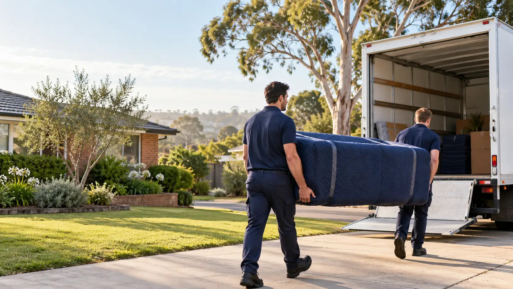 Two removalists carrying a blanket-wrapped sofa down a driveway to a removal truck in Adelaide