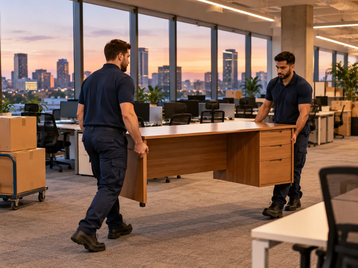 Removalists carrying a desk through an office during an after-hours relocation